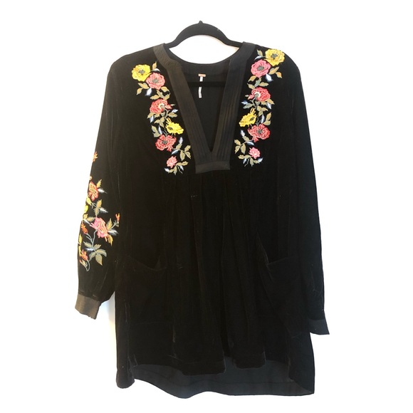 Free People Velvet Emroidered Black Boho Dress - Picture 1 of 4